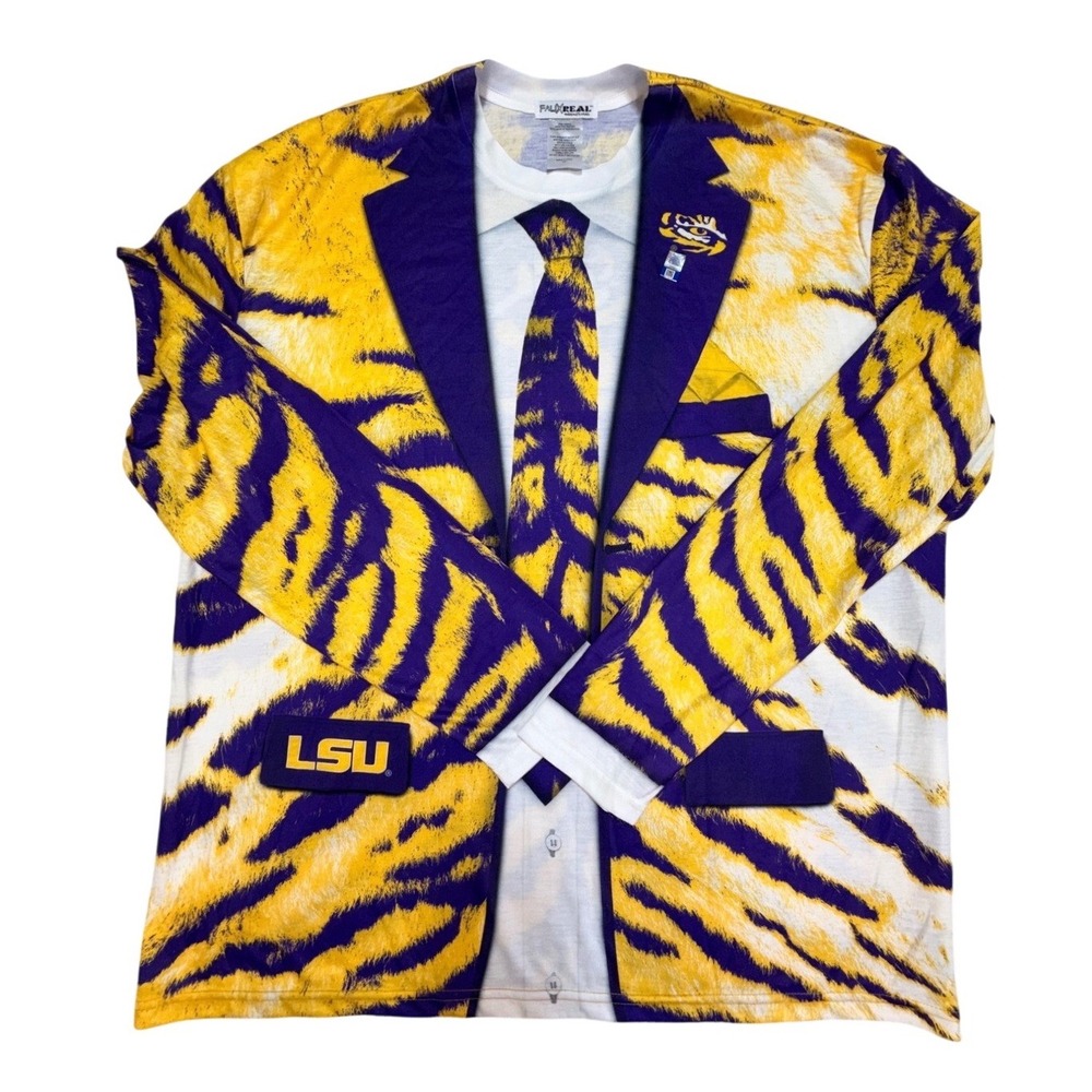 Faux‎ Real LSU Tigers Mens XXL Tuxedo Suit T-Shirt Long Sleeve Purple Gold Tiger
